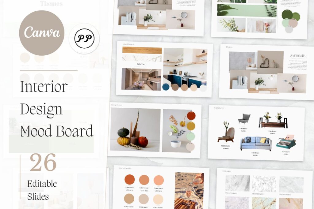Interior Design Mood Board Examples by PittaFinePrint on Creative Market